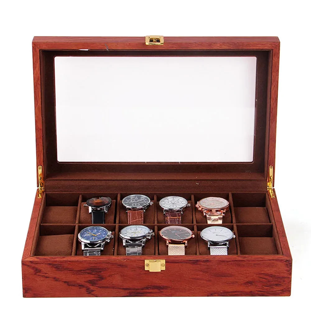 Boîte à 12 montres en bois, couvercle en verre