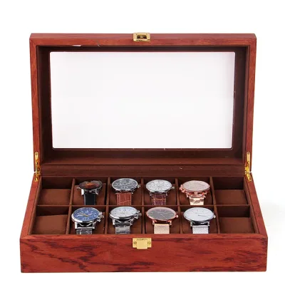 Boîte à 12 montres en bois, couvercle en verre