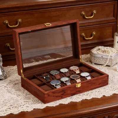 Boîte à 12 montres en bois, couvercle en verre – image 2