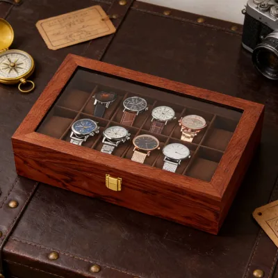 Boîte à 12 montres en bois, couvercle en verre – image 3