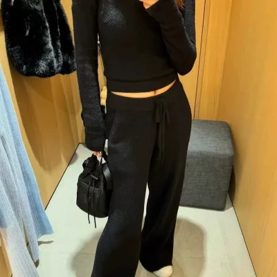 Pantalon en tricot uni à jambes larges – image 2