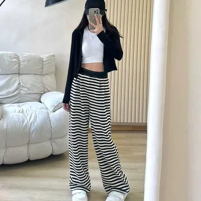 Pantalon large rayé à taille élastique