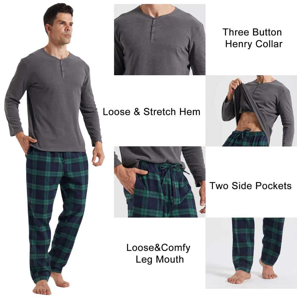 Pyjama homme à carreaux et col Henley