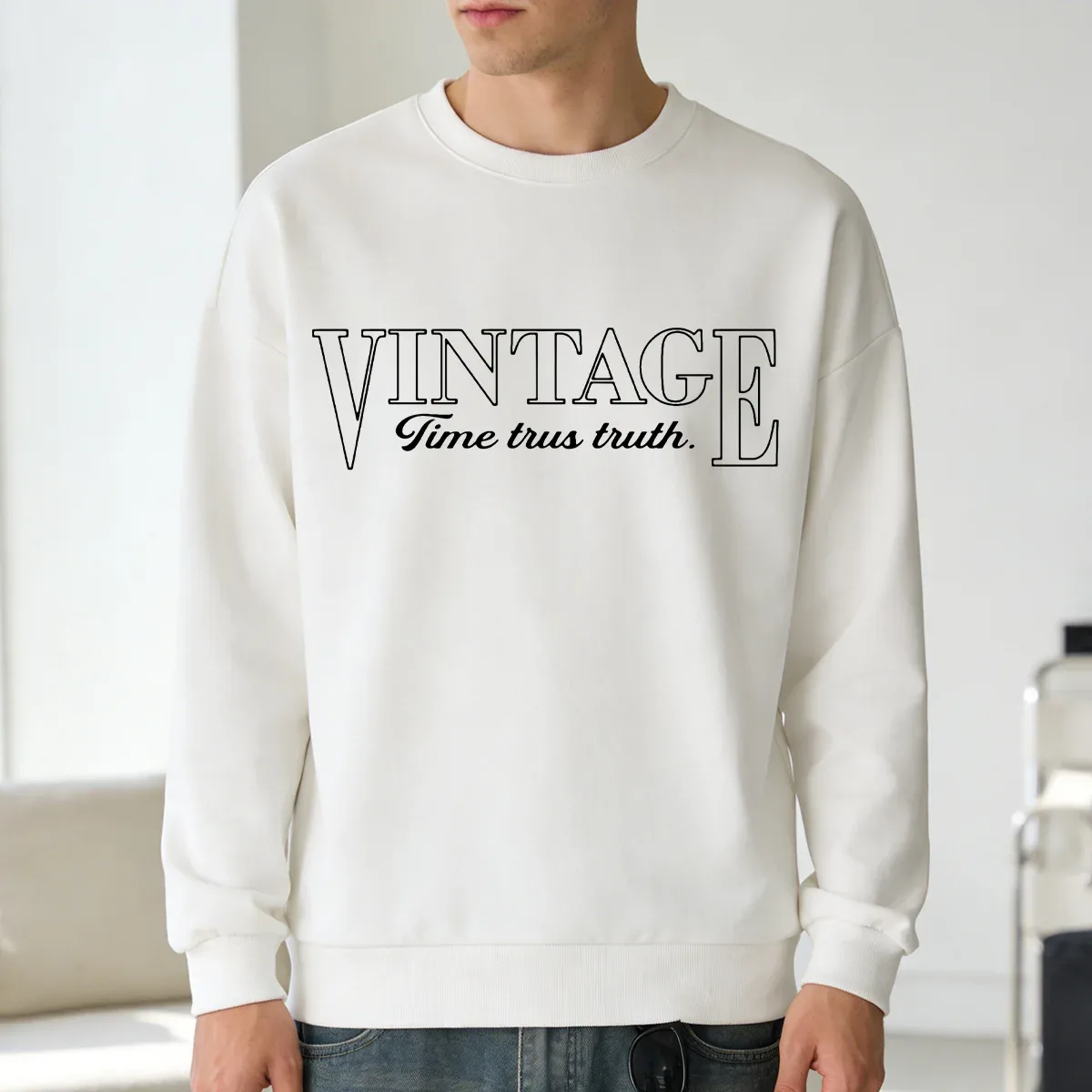 Sweat-shirt fin à col rond en coton